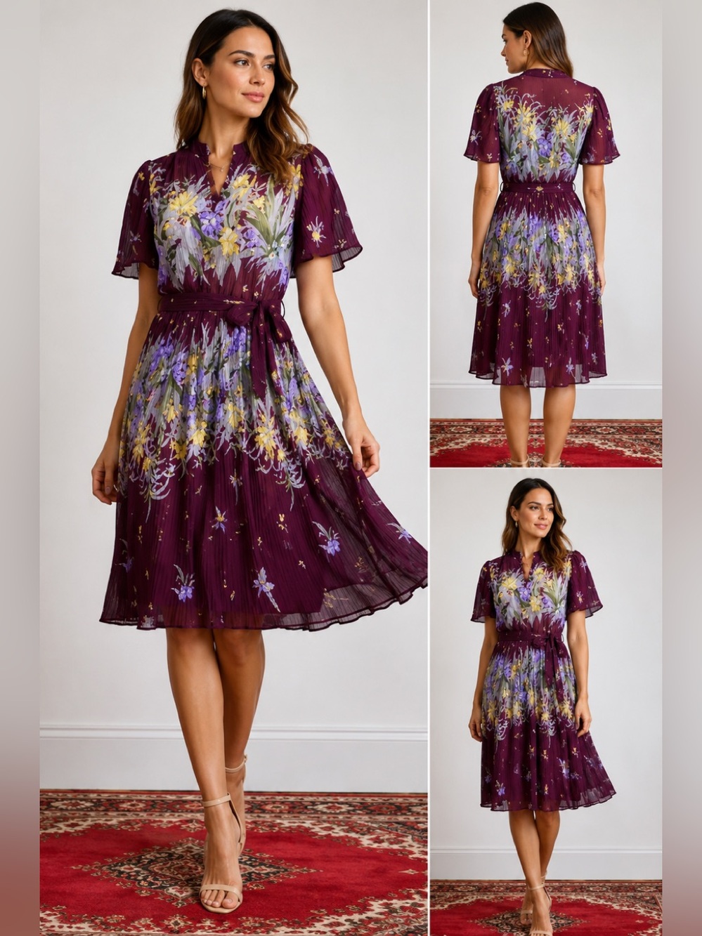Vintage Janine burgundy maroon pleated floral flower short sleeve dress Sz S